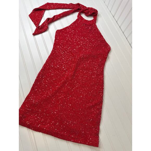 NWT Mango Red Sequined Halter Neck Mini Dress Cocktail Party Glam Bling Size 8 - Picture 2 of 6